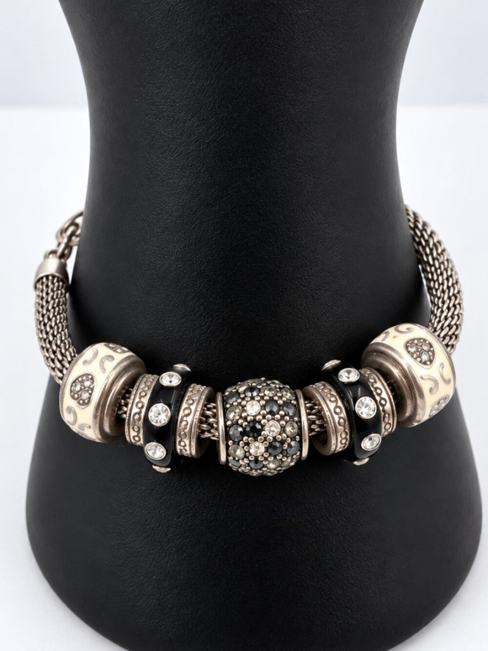 Silver Tone Black & Ivory Rhinestone Charm Bead Bracelet